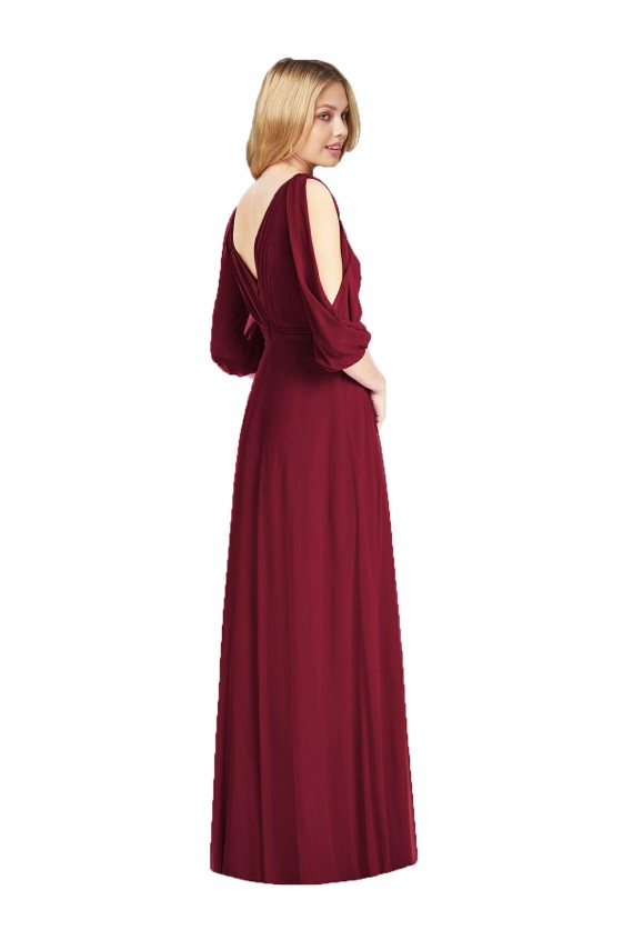 Affordable Draped V-Neck Bell Sleeves V-Back Chiffon Bridesmaid Dress UK