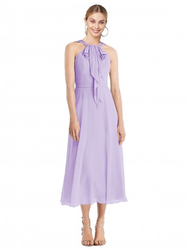 Affordable Midi Length Halter Plunging V-Back Chiffon Bridesmaid Dress UK