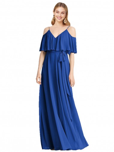 Affordable Spaghetti Straps V-Neck Chiffon Bridesmaid Dress with Sash Tie UK