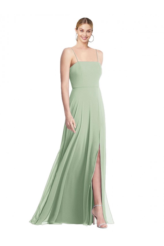 Affordable Sleek Spaghetti Straps Low Back Square Neck Maxi Chiffon Bridesmaid Dress UK