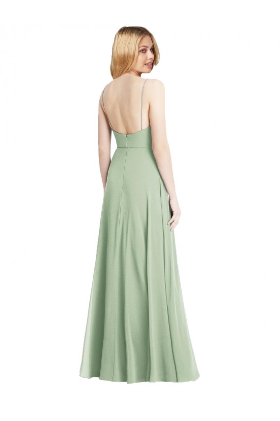 Affordable Sleek Spaghetti Straps Low Back Square Neck Maxi Chiffon Bridesmaid Dress UK