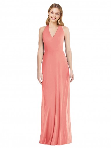 Affordable V-Neck Halter Chiffon Maxi Bridesmaid Dress Open Back UK