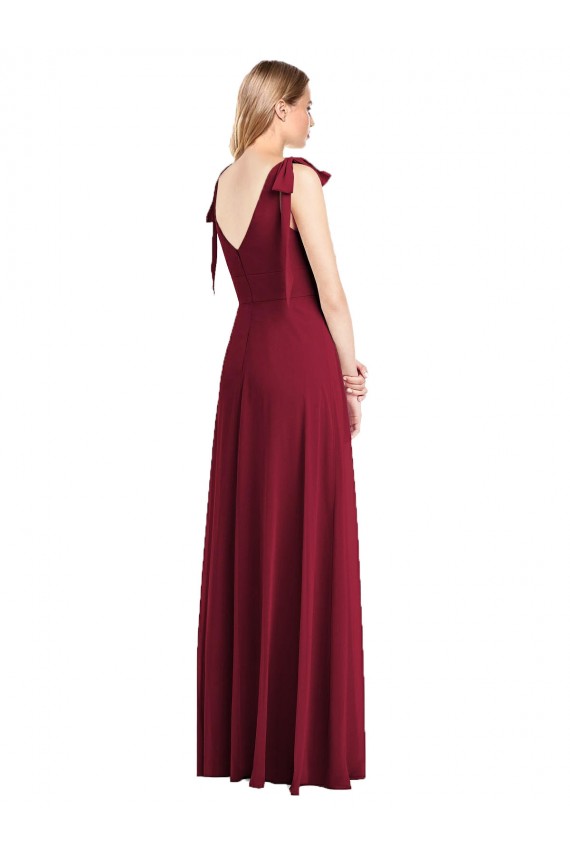 Affordable Full Length Bow-Shoulder V-Back Chiffon Bridesmaid Dress with Front Slit UK