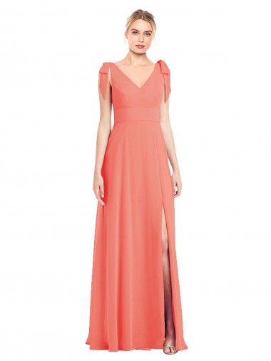 Affordable Full Length Bow-Shoulder V-Back Chiffon Bridesmaid Dress with Front Slit UK