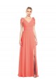 Affordable Full Length Bow-Shoulder V-Back Chiffon Bridesmaid Dress with Front Slit UK