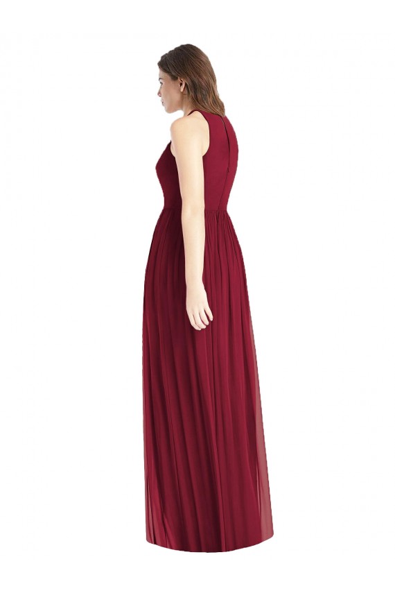 Affordable Shirred Skirt Jewel Neck Halter Chiffon Bridesmaid Dress with Front Slit UK