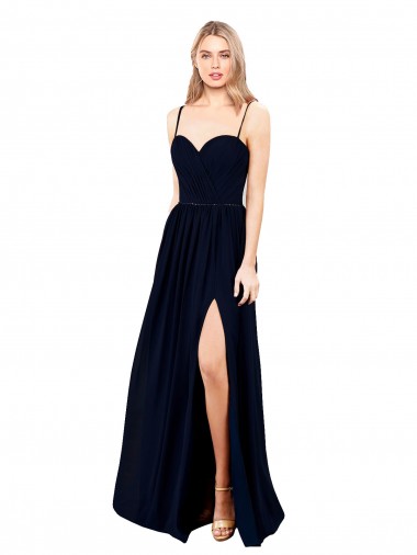 Affordable Draped A-Line Chiffon Bridesmaid Dress with Spaghetti Straps and High Slit UK