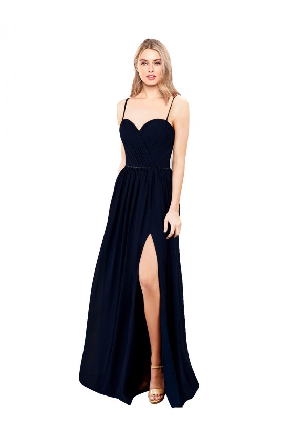 Affordable Draped A-Line Chiffon Bridesmaid Dress with Spaghetti Straps and High Slit UK