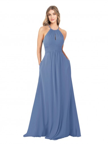Affordable Draped High Neck Keyhole Back Bridesmaid Dress with Front Slit UK