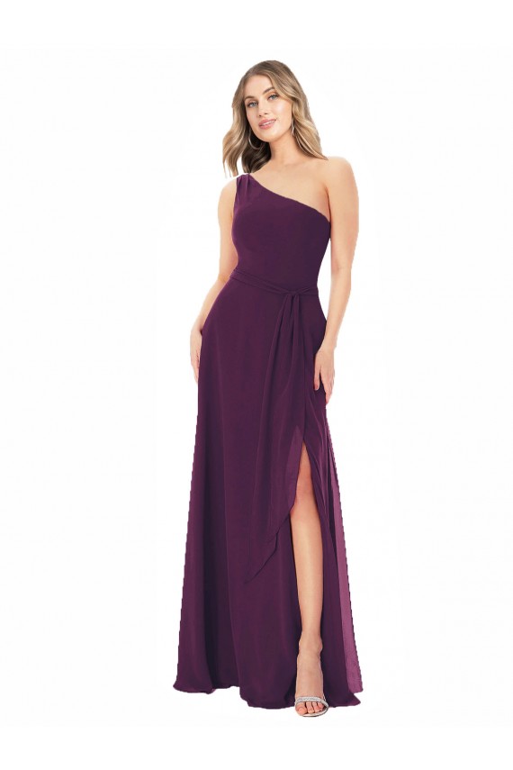 Affordable One Shoulder Chiffon Bridesmaid Dress with Tie Belt UK