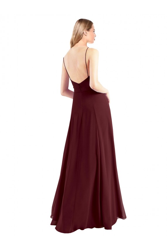 Affordable Spaghetti Straps V-Neck Long Chiffon Bridesmaid Dress with Side Slit UK