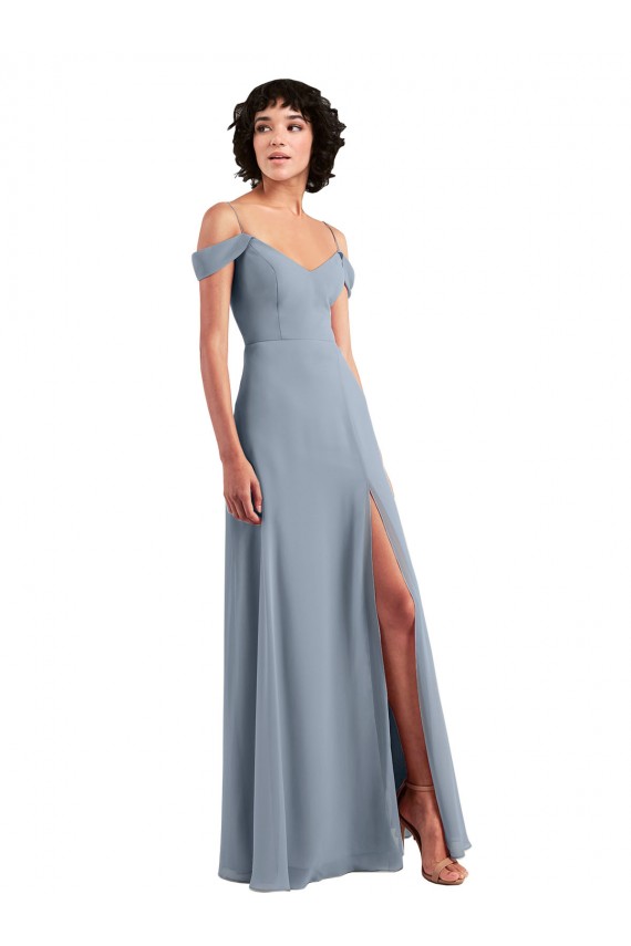 Affordable Off the Shoulder Folded Sleeve Long Chiffon Bridesmaid Dress with High Side Slit UK