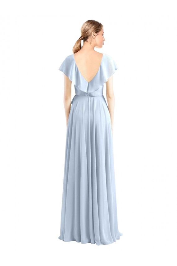 Affordable V-Neck A-Line Flutter Sleeves Long Chiffon Wrap Style Bridesmaid Dress UK