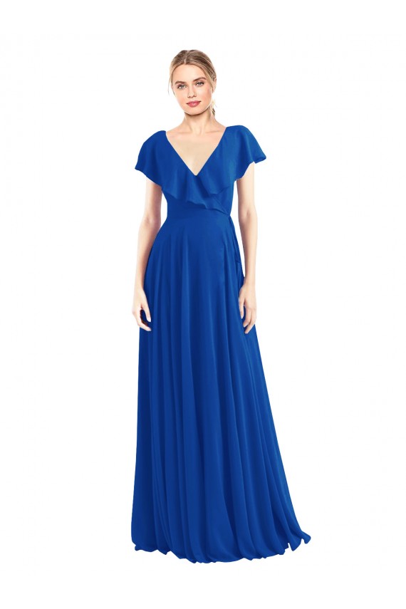 Affordable V-Neck A-Line Flutter Sleeves Long Chiffon Wrap Style Bridesmaid Dress UK