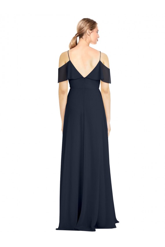 Affordable Draped Sleeves Flounce Neckline Long Chiffon Bridesmaid Dress with Spaghetti Straps UK