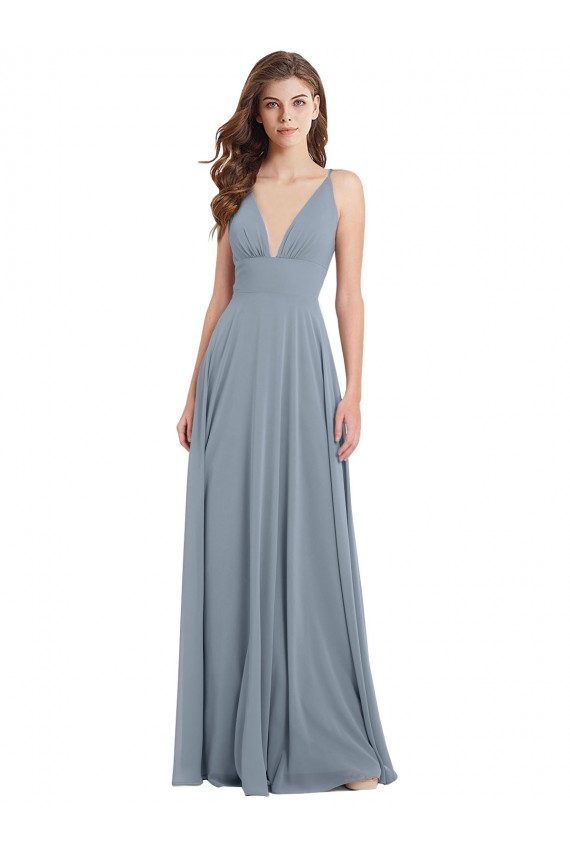 Affordable Fitted V-Neckline Long Chiffon Bridesmaid Dress with V-Back UK