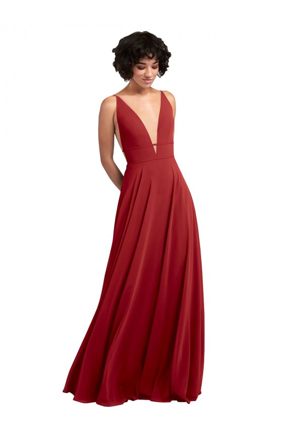 Affordable Fitted Plunging Deep V-Neck Long Chiffon Bridesmaid Dress with V-Back UK