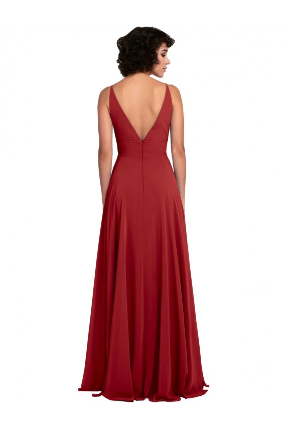 Affordable Fitted Plunging Deep V-Neck Long Chiffon Bridesmaid Dress with V-Back UK
