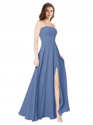 Affordable Strapless Long Chiffon Bridesmaid Dress with Front Slit UK