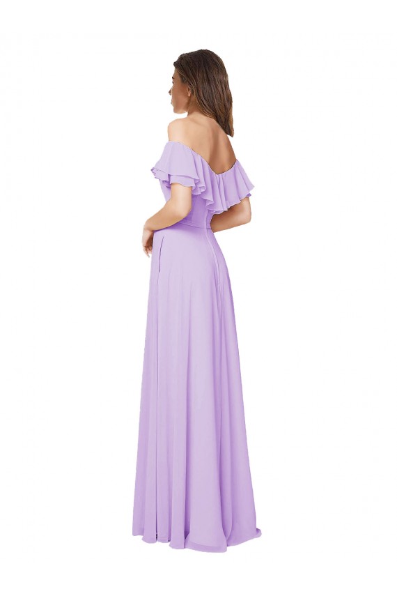 Affordable Ruffled Off the Shoulder Long Chiffon Bridesmaid Dress with Slit UK