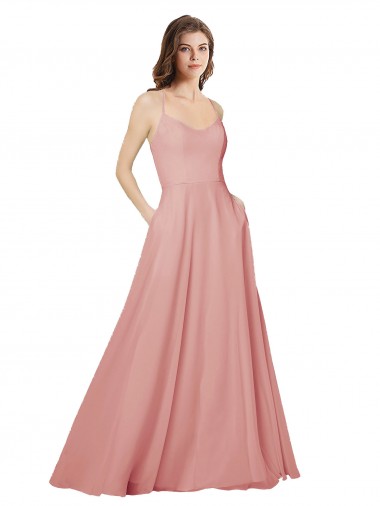 Affordable Open Back Wide Tie Band Long Chiffon Bridesmaid Dress with Pockets UK