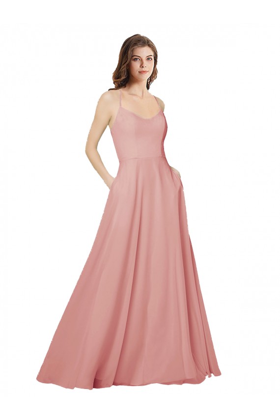 Affordable Open Back Wide Tie Band Long Chiffon Bridesmaid Dress with Pockets UK