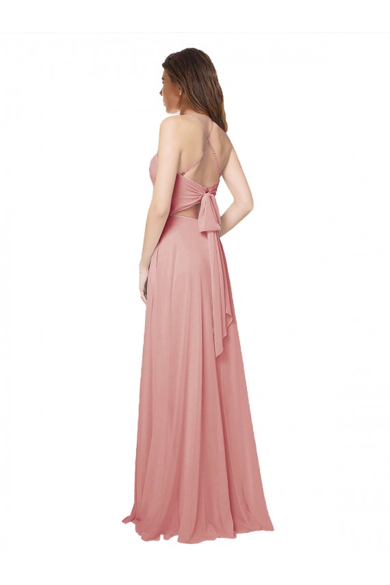 Affordable Open Back Wide Tie Band Long Chiffon Bridesmaid Dress with Pockets UK