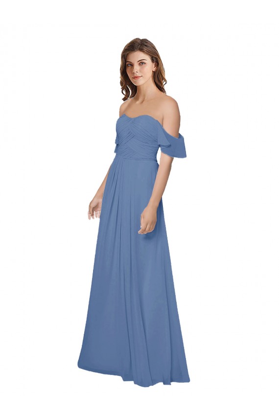 Affordable Flutter Sleeves Scoop Neck Off the Shoulder Long Chiffon Bridesmaid Dress UK