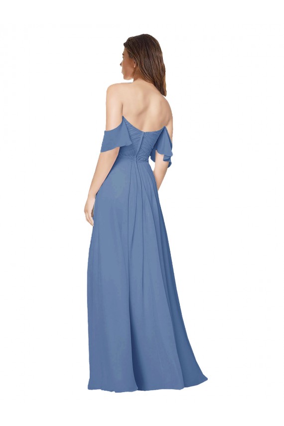 Affordable Flutter Sleeves Scoop Neck Off the Shoulder Long Chiffon Bridesmaid Dress UK
