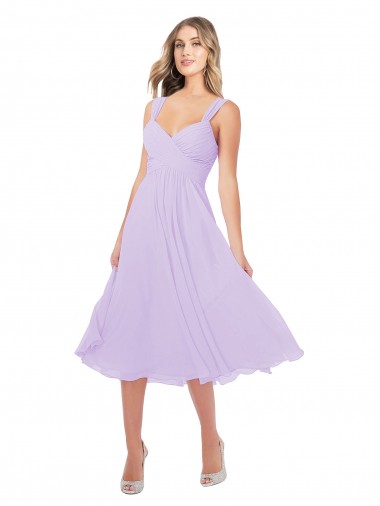 Affordable Draped Midi Length Chiffon Bridesmaid Dress with Ruched Bodice UK