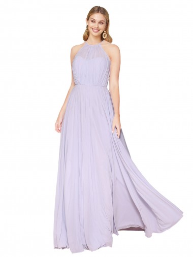 Affordable High Neck Halter Shirred Chiffon Bridesmaid Dress UK