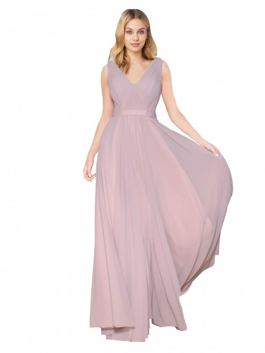 Affordable Draped V-Neck Long Chiffon Bridesmaid Dress with Shirred Bodice UK