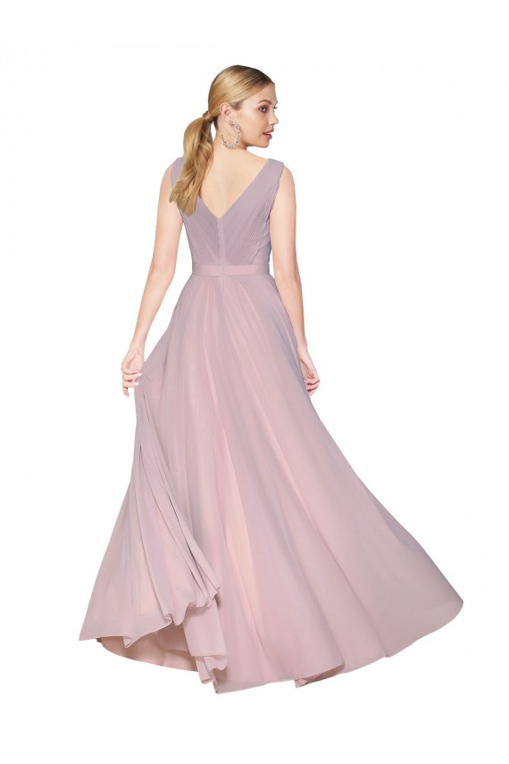 Affordable Draped V-Neck Long Chiffon Bridesmaid Dress with Shirred Bodice UK
