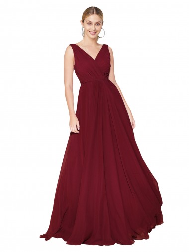 Affordable Draped A-Line V-Neck Floor Length Chiffon Bridesmaid Dress UK