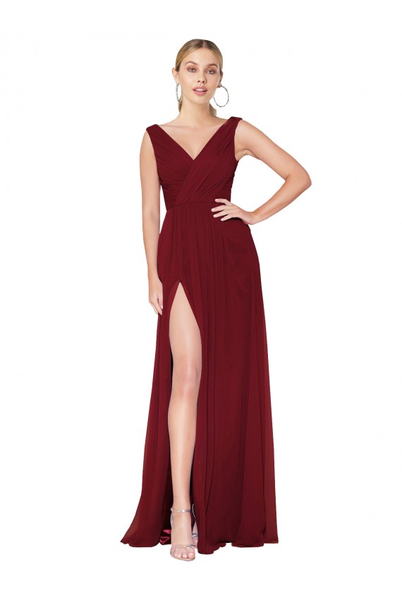 Affordable Draped Mermaid Long V-Neck Chiffon Bridesmaid Dress with High Slit UK