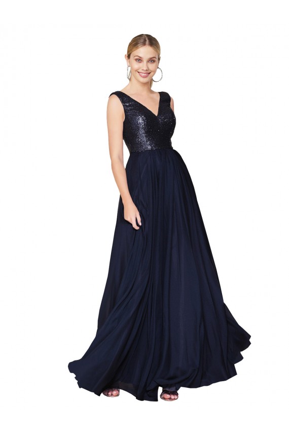 Affordable High Neck V-Neck Long Chiffon Bridesmaid Dress with Sequin Top UK