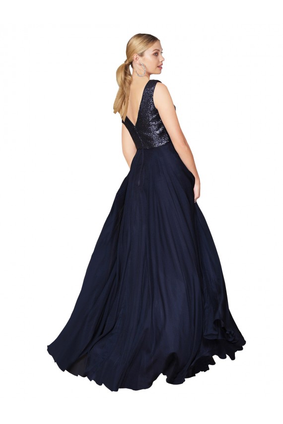 Affordable High Neck V-Neck Long Chiffon Bridesmaid Dress with Sequin Top UK