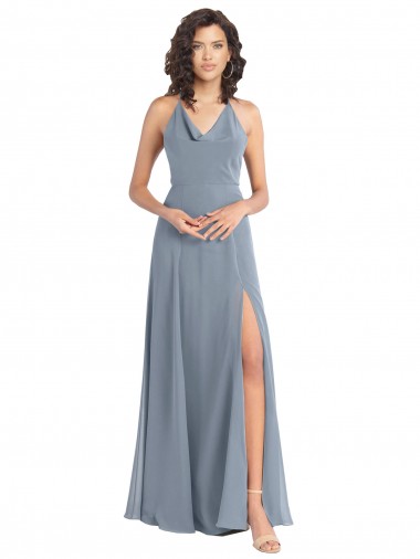 Affordable Slim A-Line Cowl Neck Long Chiffon Bridesmaid Dress with Side High Slit UK