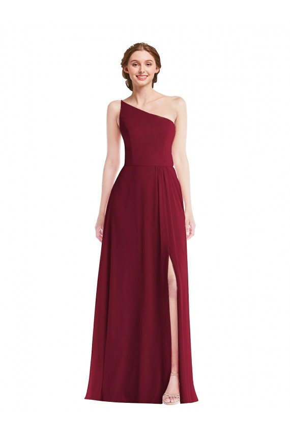 Affordable One Shoulder Chiffon Maxi Bridesmaid Dress with Shirred Front Slit UK