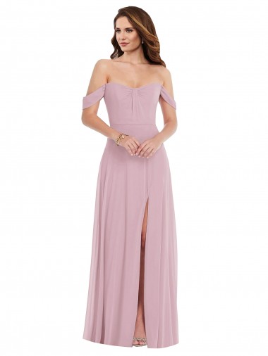 Affordable Off the Shoulder Draped Sleeve Maxi Bridesmaid Dress with Front Slit UK