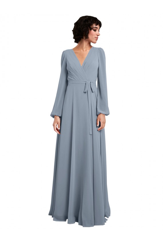 Affordable Wrap Style Long Sleeves Chiffon Bridesmaid Dress with Pleated Bodice UK