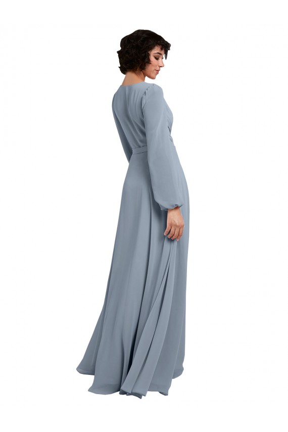 Affordable Wrap Style Long Sleeves Chiffon Bridesmaid Dress with Pleated Bodice UK