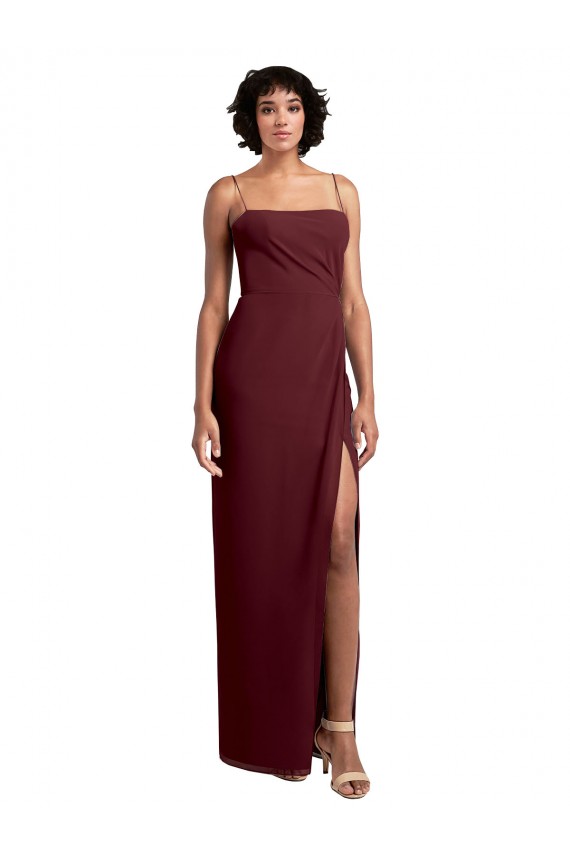 Affordable Sleek Straight Neckline Chiffon Bridesmaid Dress with Spaghetti Straps and High Side Slit UK