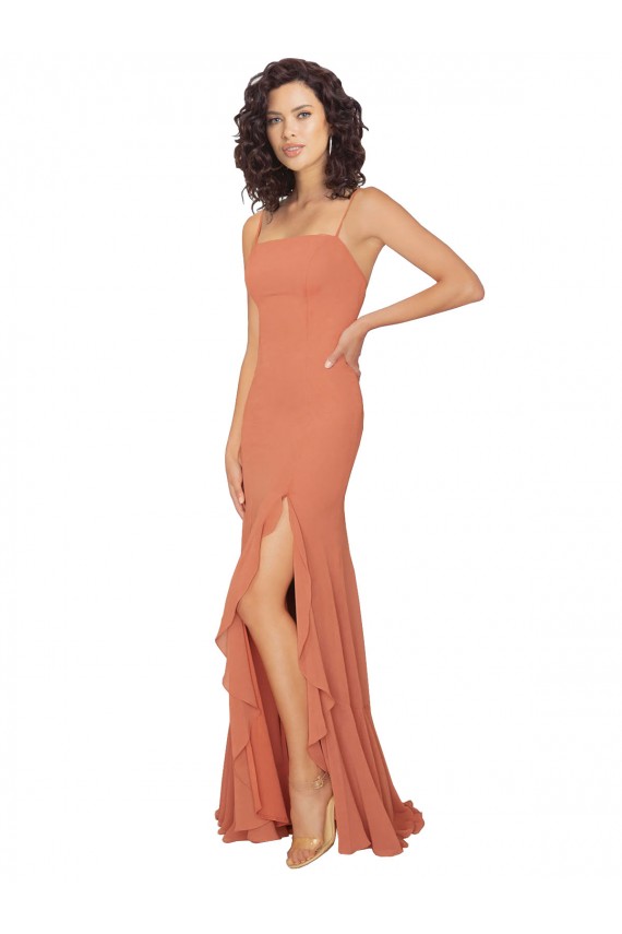 Affordable Chiffon Square Neck Bridesmaid Dress with Ruffled Skirt Slit UK