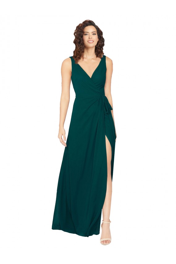 Affordable V-Neck Chiffon Bridesmaid Dress with Front Skirt Slit UK
