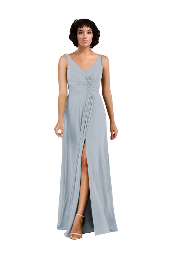 Affordable V-Neckline Wrapped Chiffon Bridesmaid Dress with Skirt Slit UK