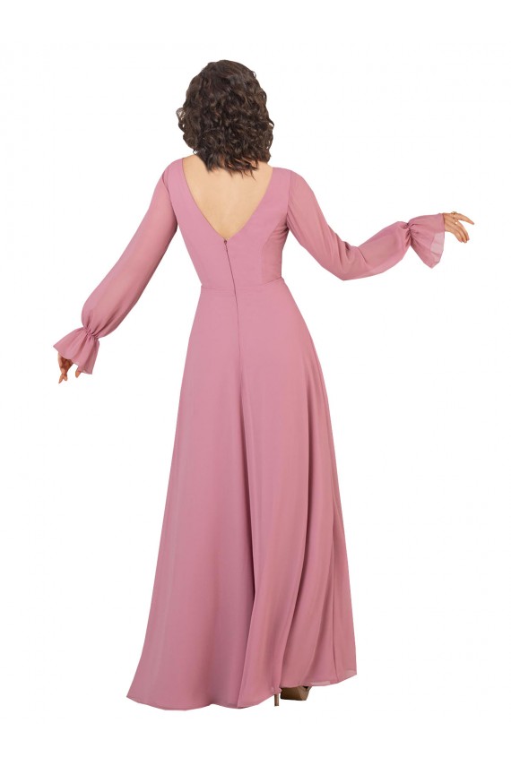 Affordable Long Sleeve Chiffon Bridesmaid Dress with Bow Detail UK