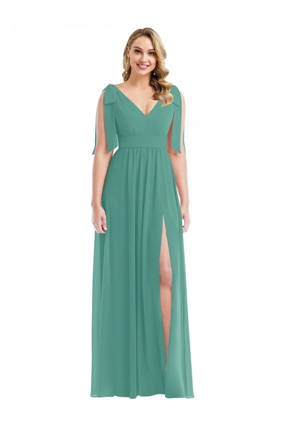Affordable Plunge Neckline Bow Shoulder Chiffon Maxi Bridesmaid Dress UK