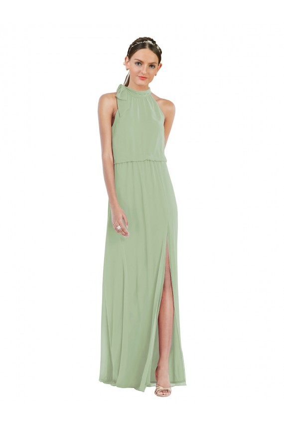 Affordable High Neck Scarf Tie Blouson Bodice Maxi Bridesmaid Dress with Front Slit UK