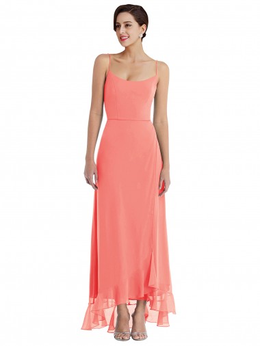 Affordable Scoop Neck Ruffle Trimmed High Low Maxi Bridesmaid Dress UK